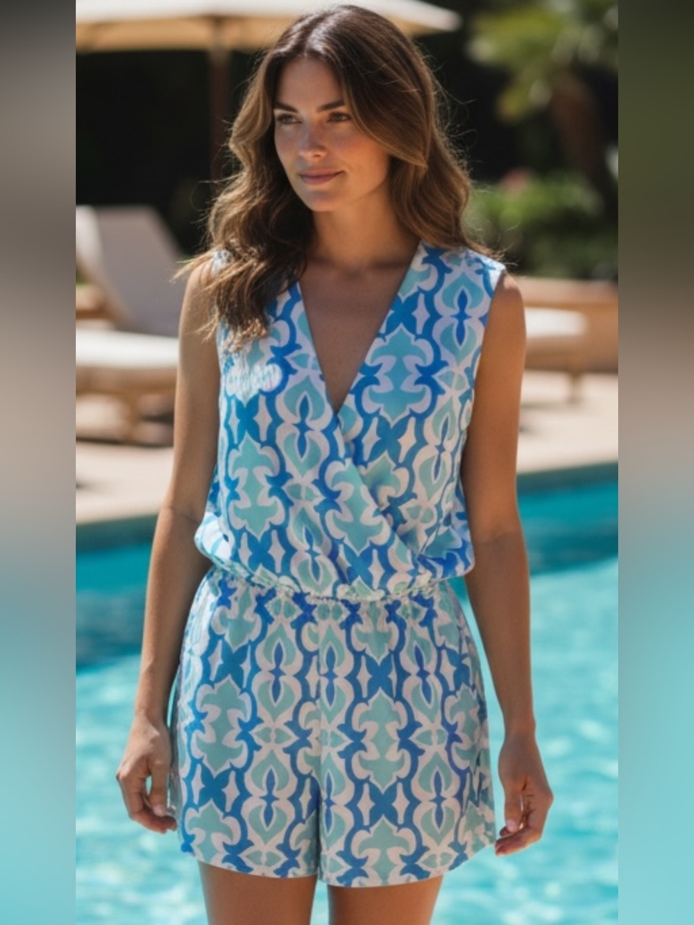 Jude Connally Vanessa Wrap Style Blue White  V- Neck  Sleeveless Romper Sz L